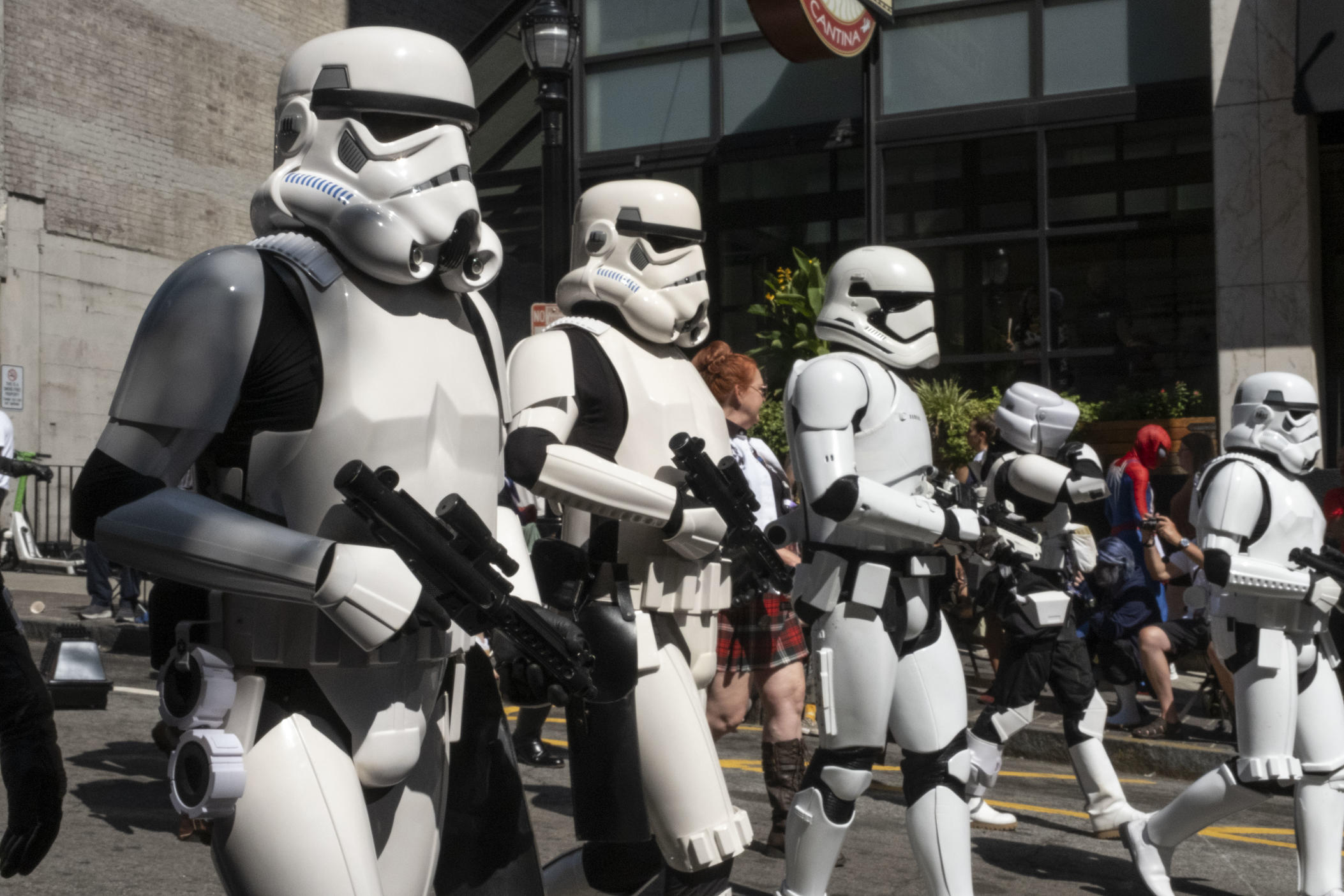 Star Wars stormtroopers cosplayers walk in the 2024 Dragon Con parade on Saturday, Aug. 31, 2024.