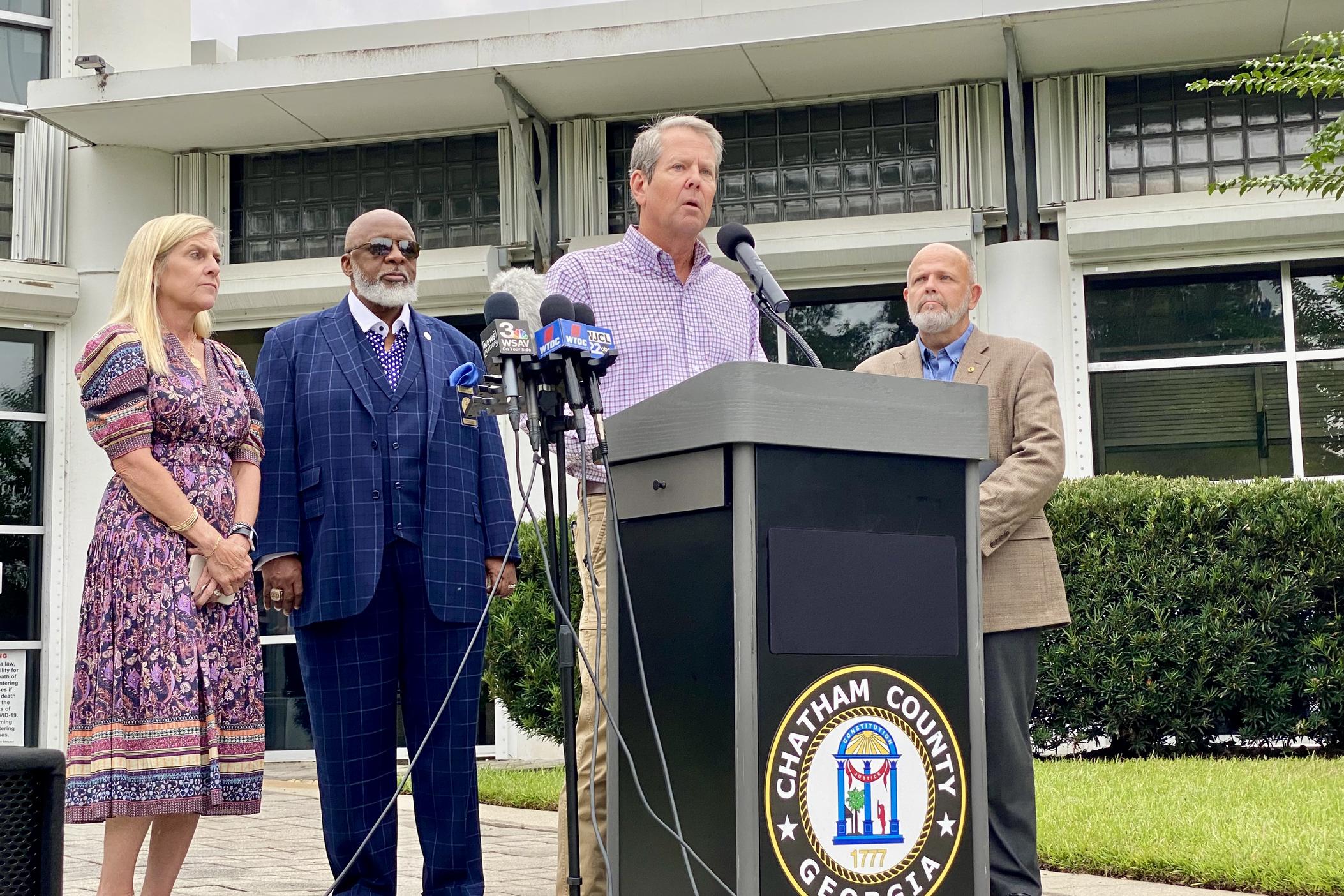 Georgia Gov. Brian Kemp speaks during a news conference in Savannah on Wednesday, Oct. 9, about the state's preparations for Hurricane Milton. 