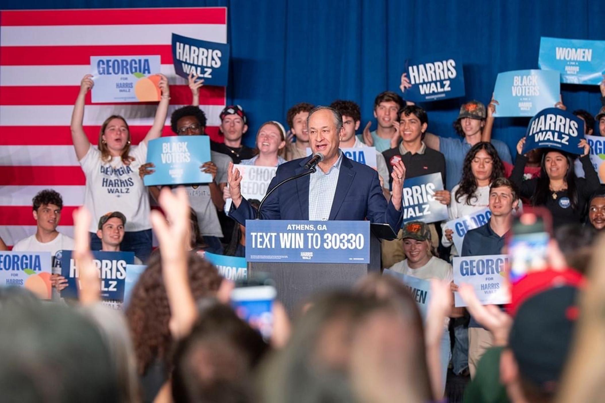 Second Gentleman Doug Emhoff campaigned in Athens, Ga., on Oct. 10 for Vice President Kamala Harris. 