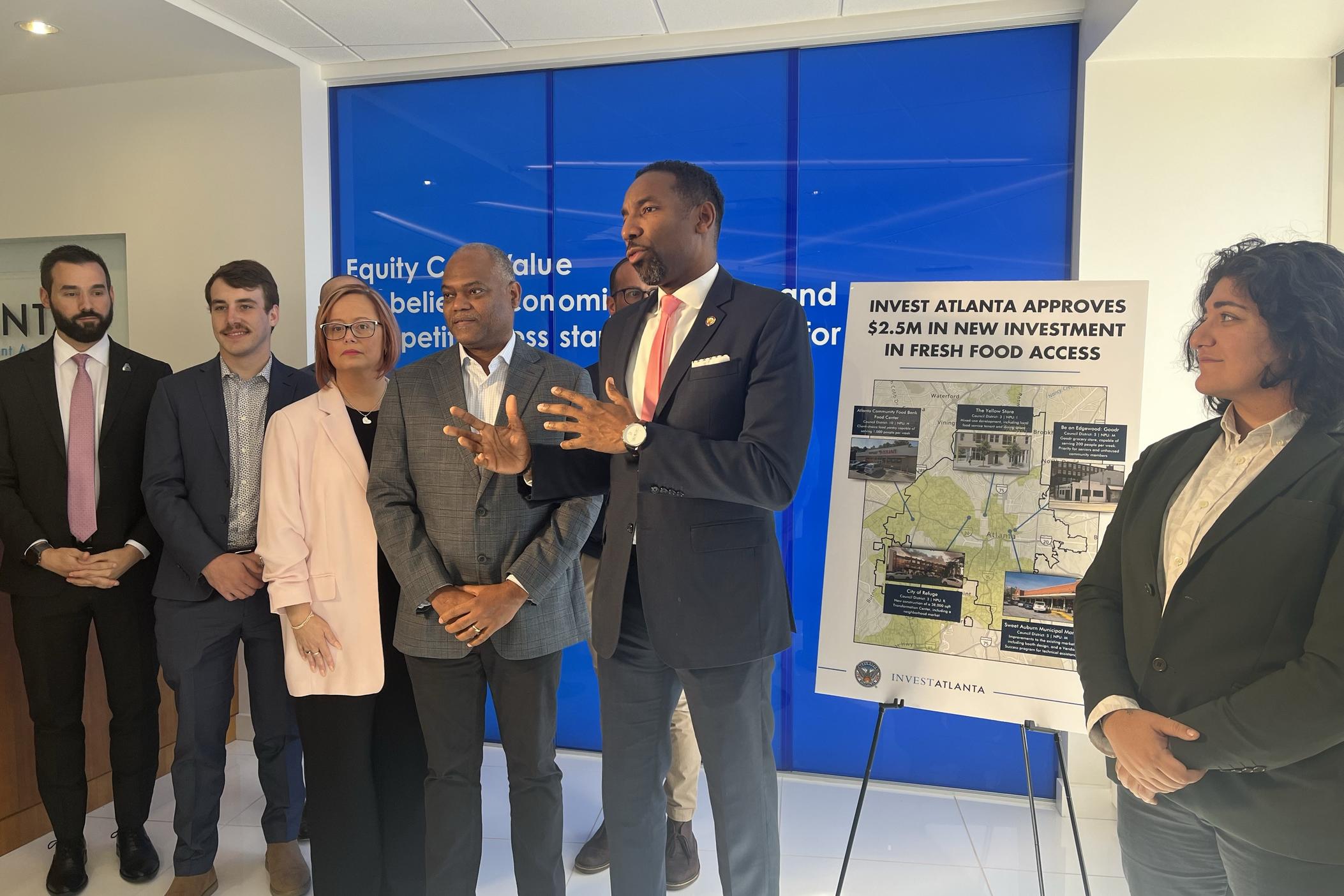 Mayor Andre Dickens and Councilmember Liliana Bahktiari speak about fresh food access following an Invest Atlanta board meeting on October 17, 2024.