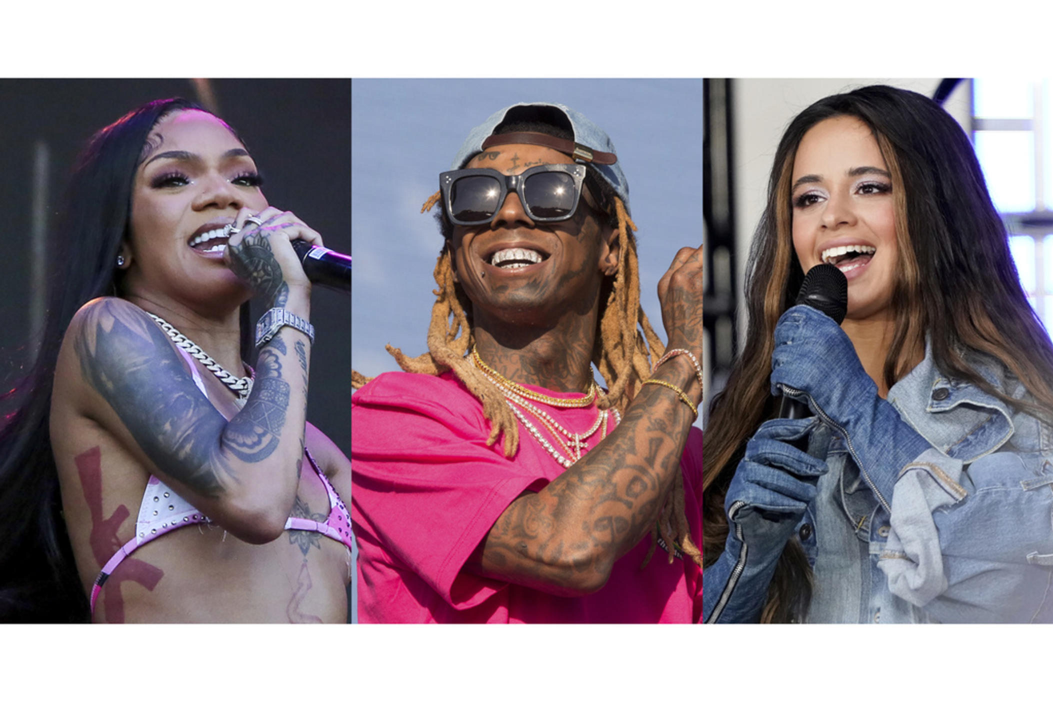 his combination of photos shows GloRilla performing at the Austin City Limits Music Festival in Texas on Oct. 13, 2023, Lil Wayne performing at the 2018 Firefly Music Festival in Dover, Del., on June 16, 2018, center, and Camila Cabello performs on NBC's "Today" show in New York on April 12, 2022.