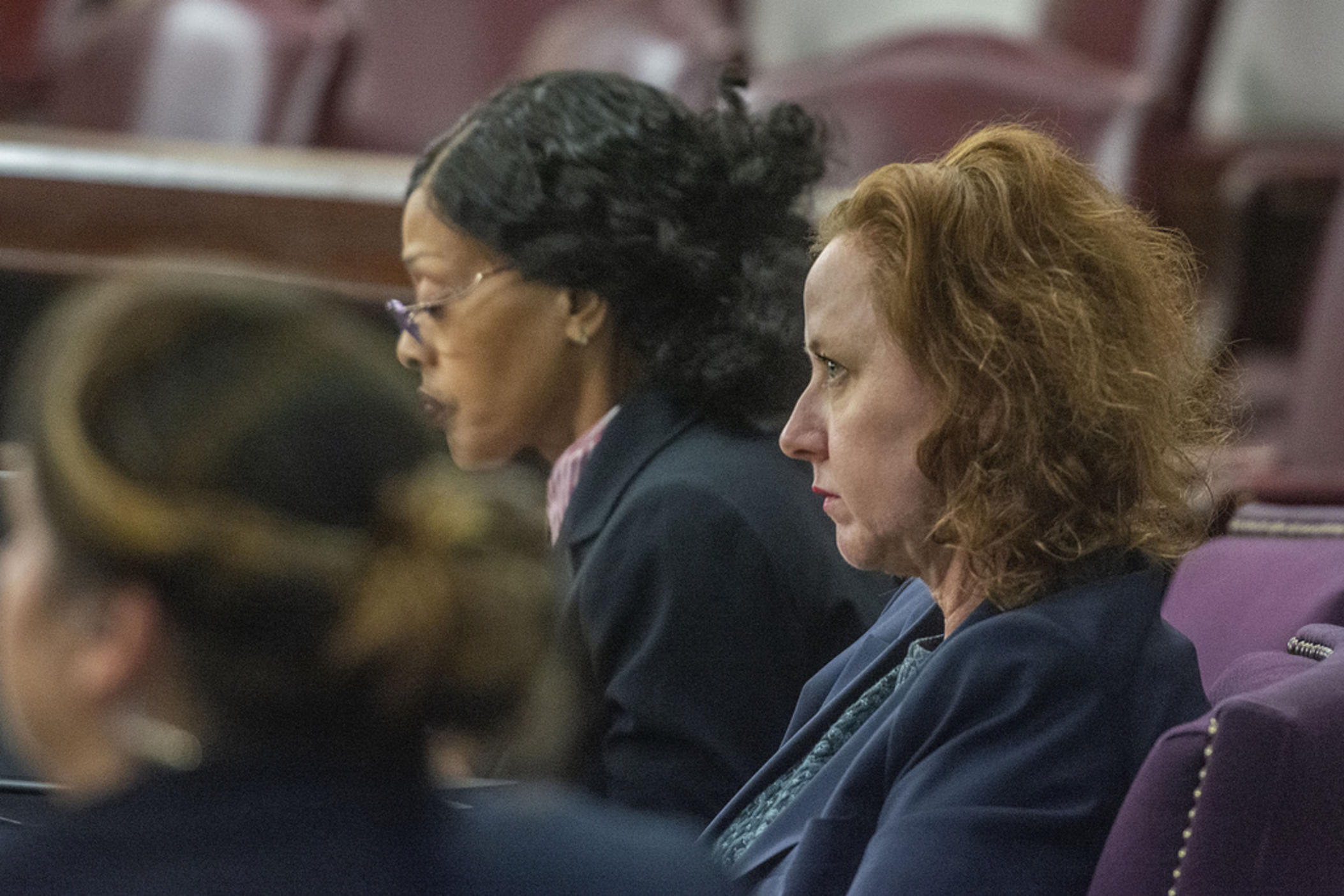 Former Brunswick Judicial Circuit District Attorney Jackie Johnson listens Wednesday, Dec. 11, 2024, at the Glynn County Courthouse in Brunswick, Georgia, prior to a pretrial motions hearing in her violation of oath office case. 
