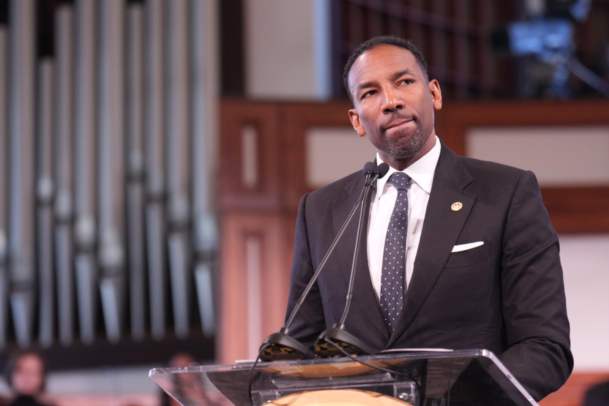 Atlanta Mayor Andre Dickens speaks during the annual Martin Luther King, Jr.  Day commemorative service at Ebenezer Baptist Church in Atlanta on Jan. 20, 2025.  The event took place a few hours ahead of the presidential inauguration in Washington, D.C.
