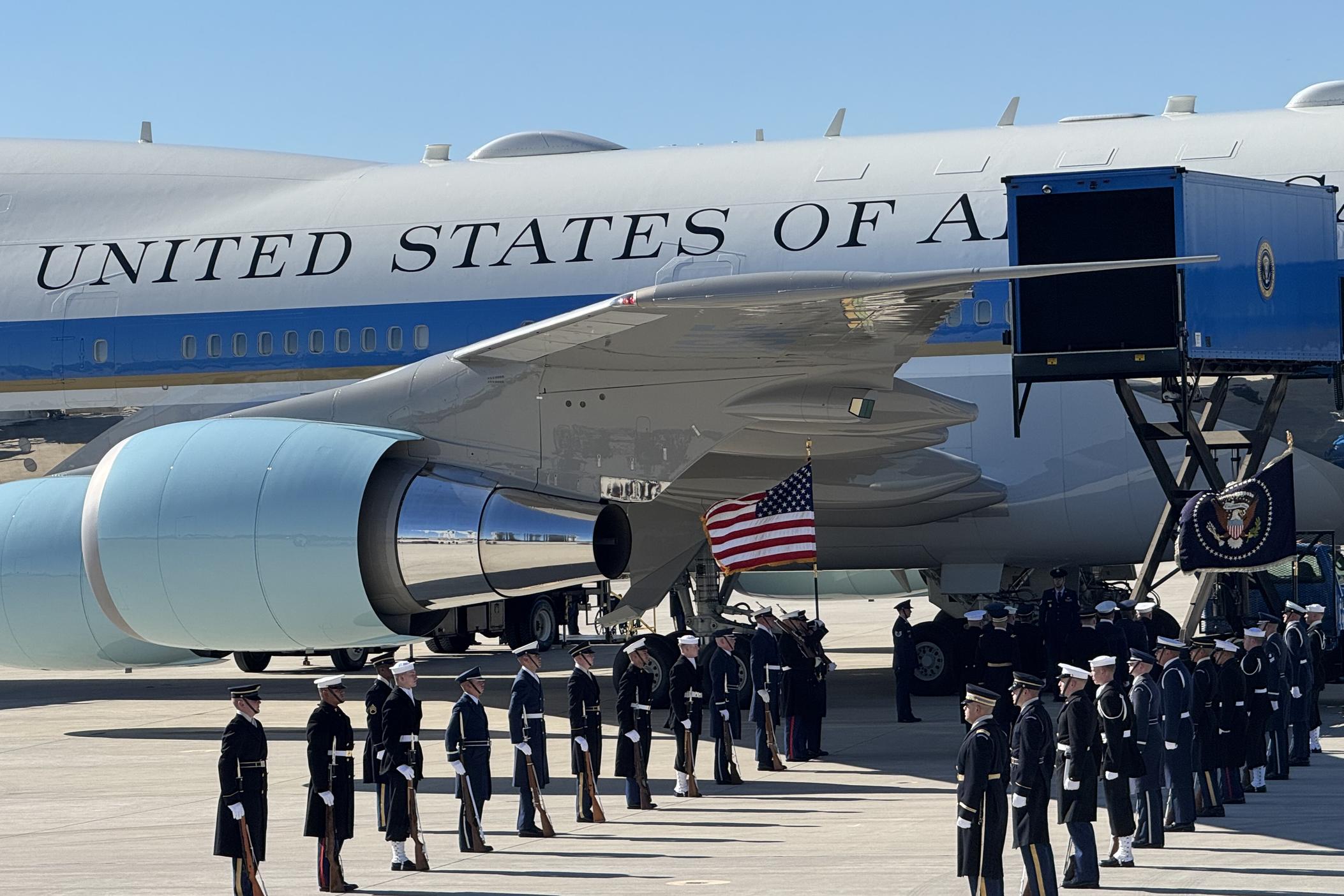 Jimmy Carter's casket is lifted into the the body of Special Air Mission 39 at Dobbins Air Reserve Base in Marietta, Ga., on Jan. 7, 2025.