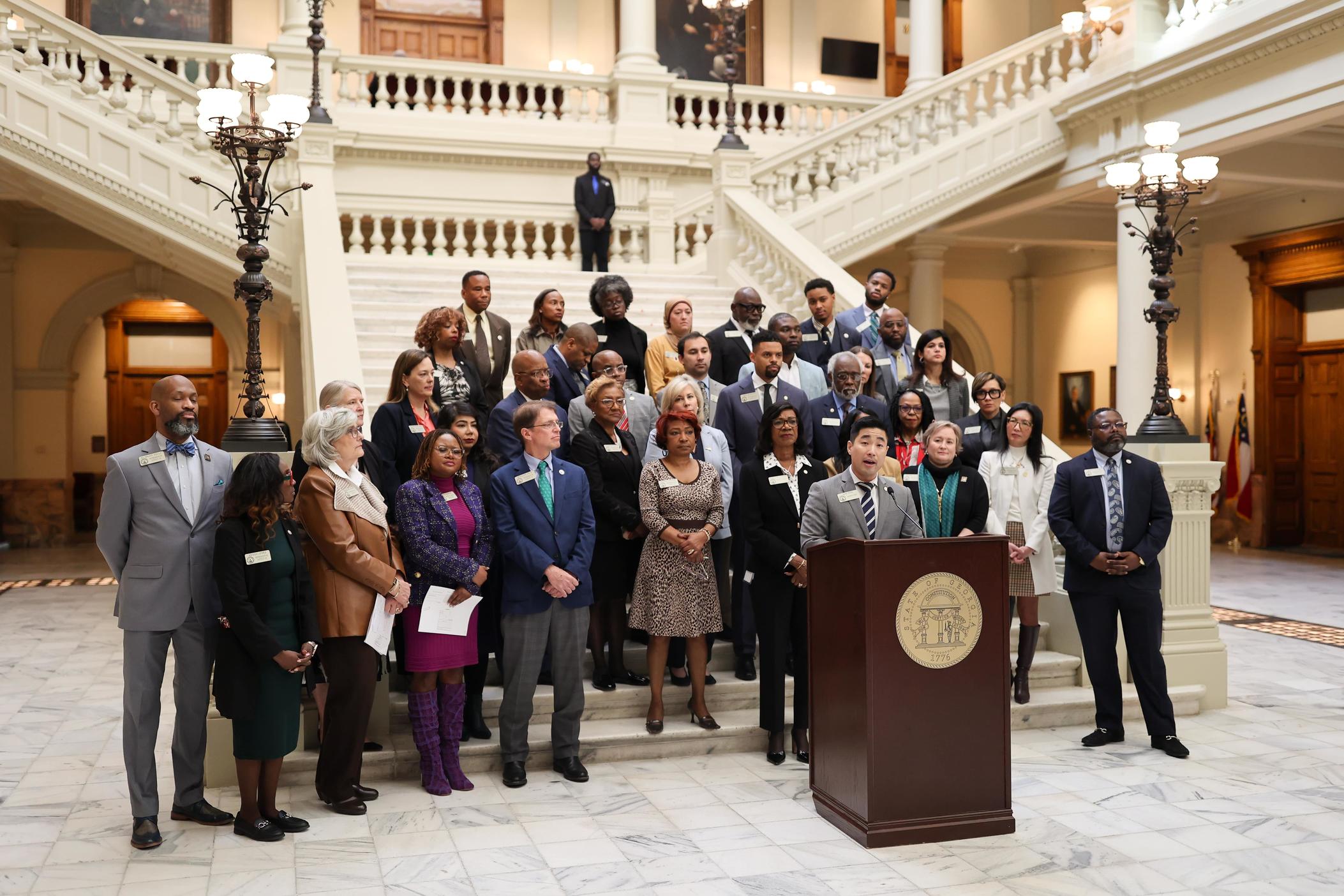 Georgia House Democrats gathered on the Capitol steps to lay out their legislative priorities on January 30, 2025. Credit: Georgia House of Representatives