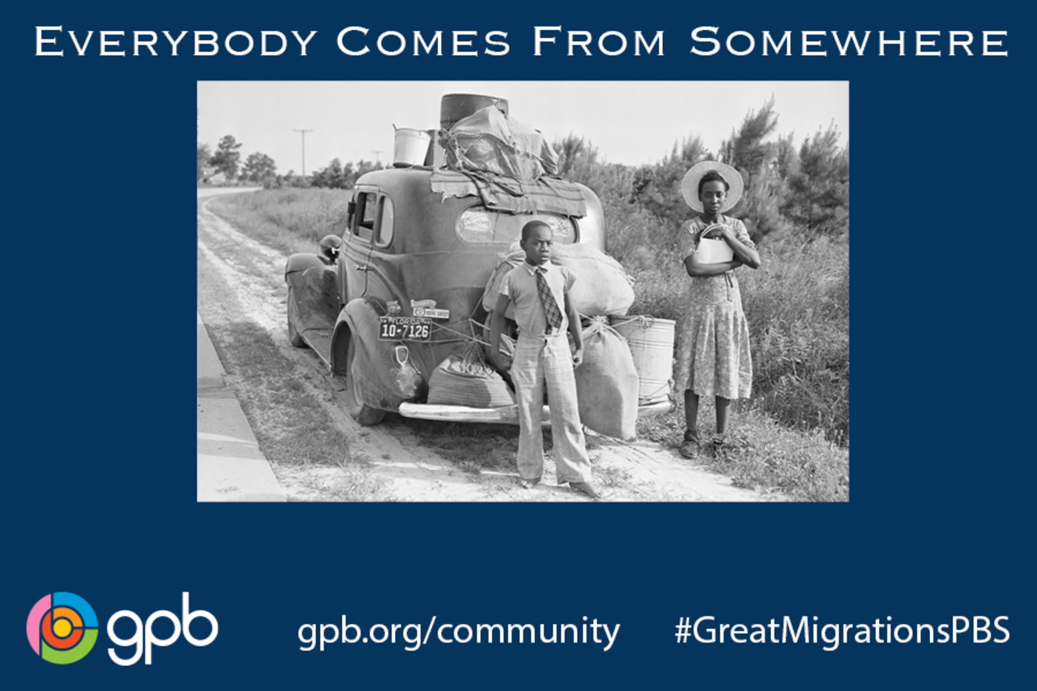 The image depicts a young boy and girl embarking on a migration journey. It serves as the visual representation for the 'Everybody Comes From Somewhere' story collecting initiative.