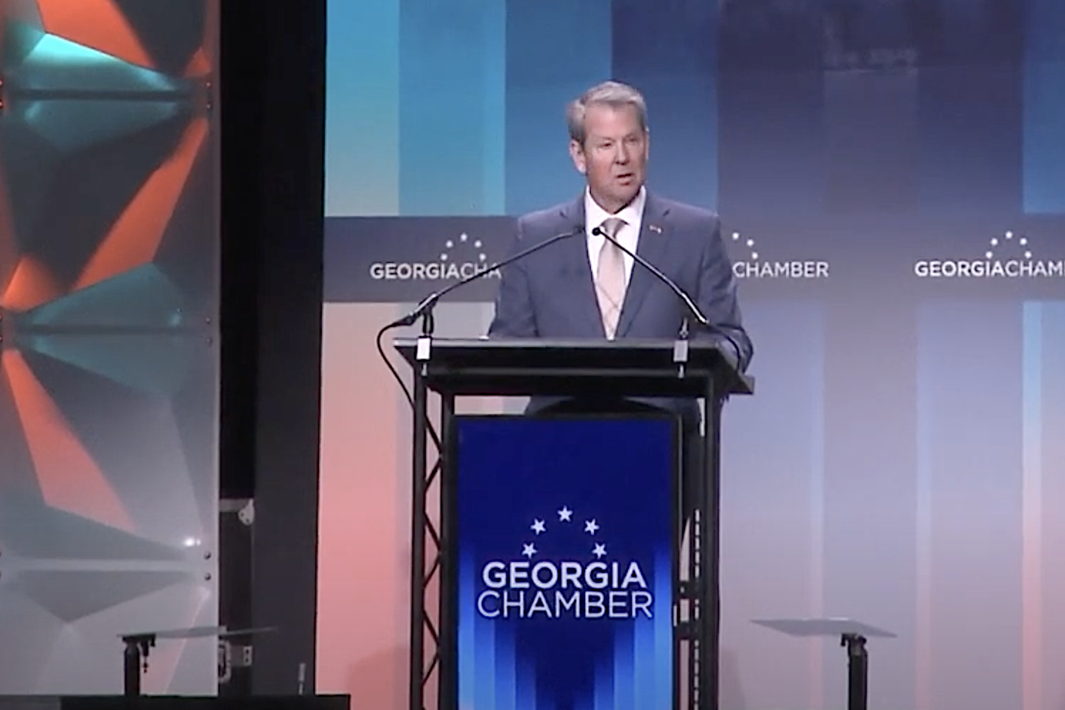 Gov. Brian Kemp speaks at the annual Eggs and Issues breakfast at the Georgia World Congress Center on Jan. 14, 2025 to kick off the second day of the legislative session. (GPB)