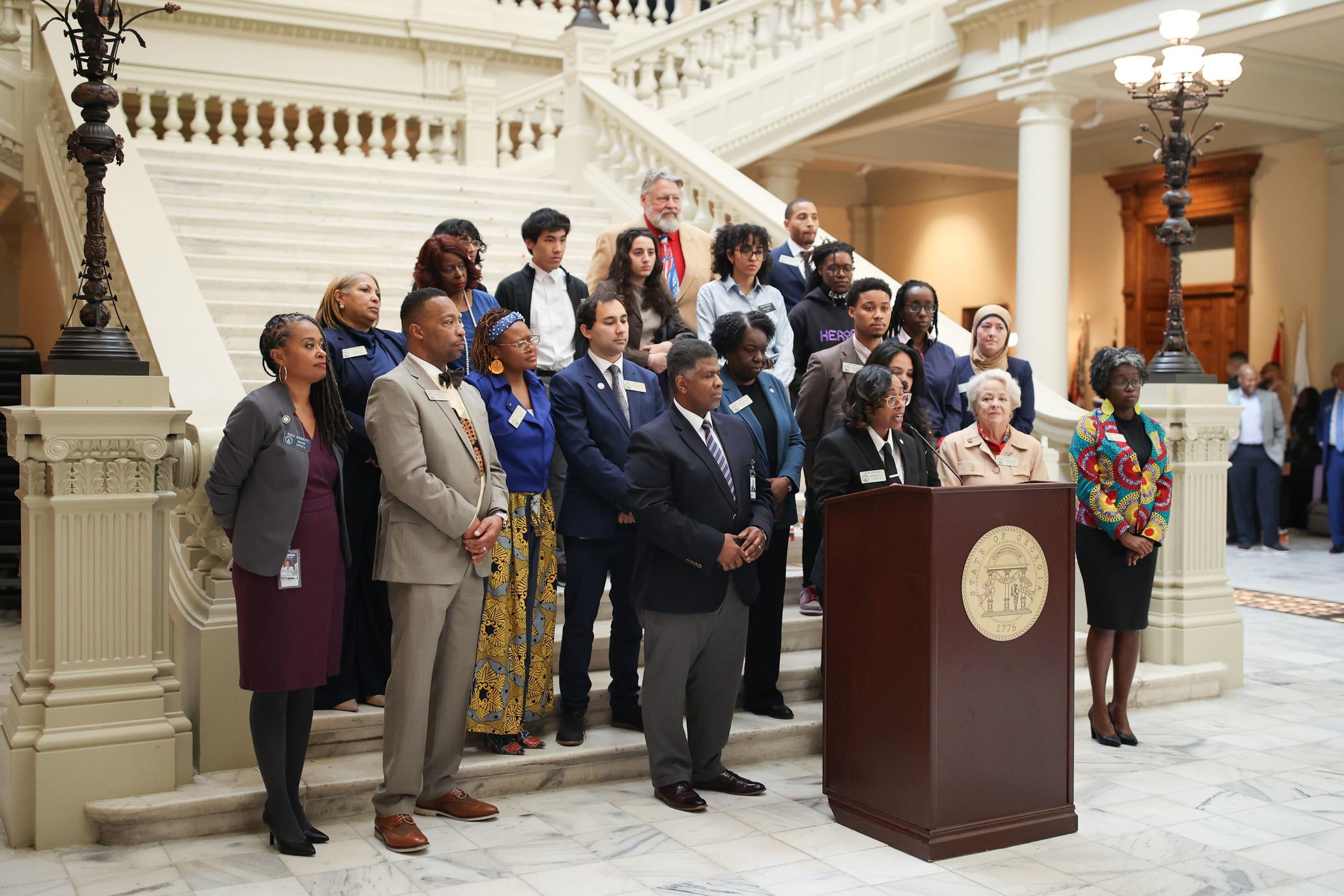 A group of Georgia Democrats gathered for a press conference at the Capitol on Tuesday, February 19, 2025, to push for bills to help Black maternal health in Georgia, including bills to expand access to midwives and doulas. Credit: Georgia House of Representatives