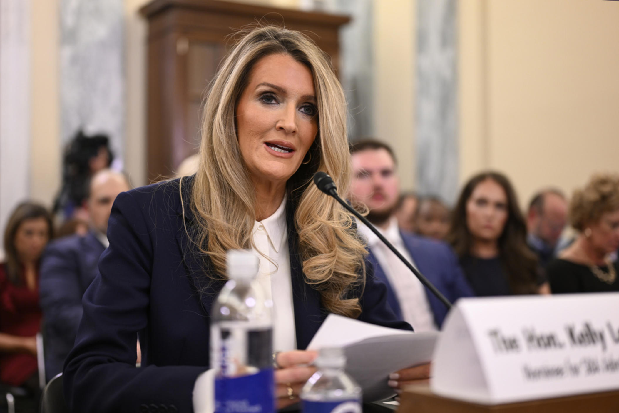Kelly Loeffler, President Donald Trump's choice to be the administrator of the Small Business Administration, appears before the Senate Small Business and Entrepreneurship Committee for her confirmation hearing at the U.S. Capitol on Wednesday, Jan. 29, 2025, in Washington. 