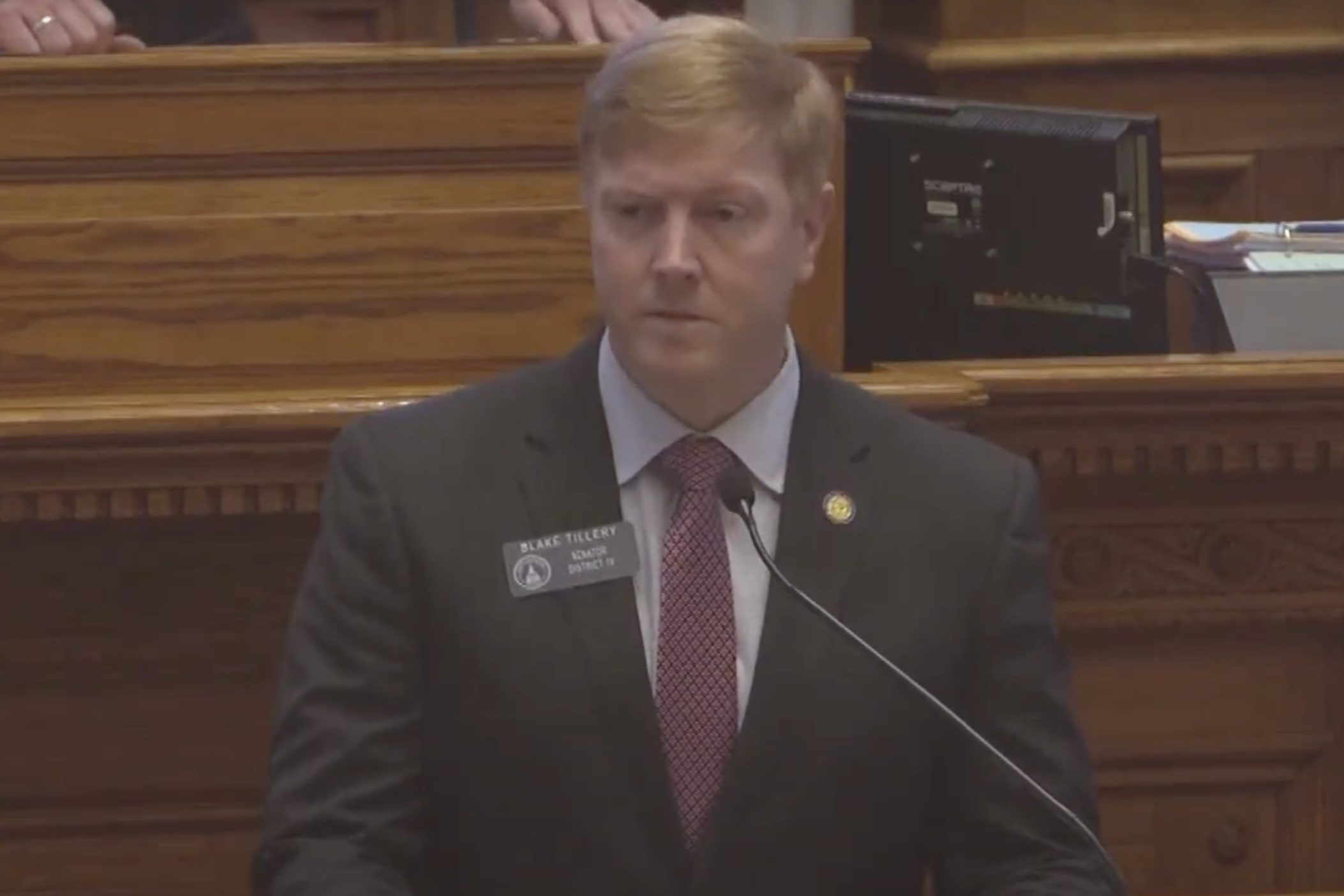 Georgia Sen. Blake Tillery (R-Vidalia) presenting Senate Bill 39 to the Senate floor on Tuesday, February 11, 2025. The legislation would prevent taxpayer dollars from covering gender-affirming care for state employees. Credit: Screenshot