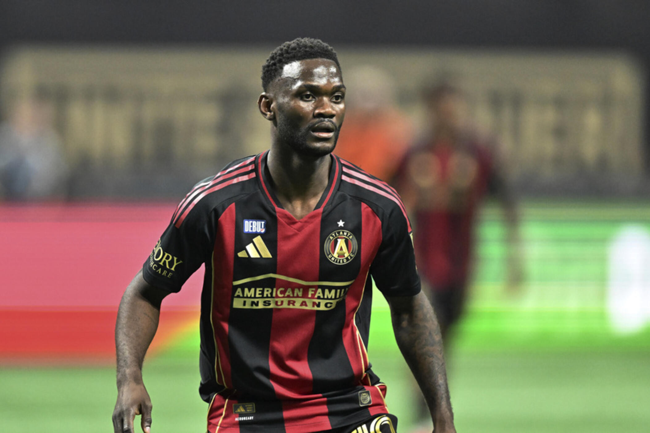 Atlanta United forward Emmanuel Latte Lath (19) works during the first half of an MLS soccer match against CF Montréal, Saturday, Feb. 22, 2025, in Atlanta. 