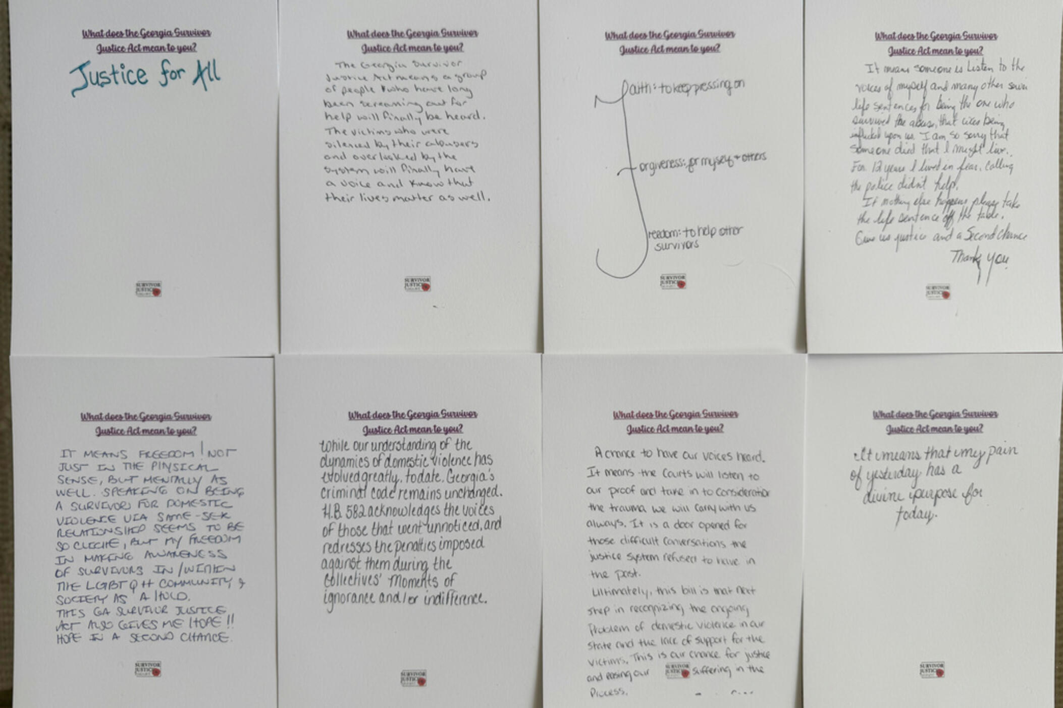 Cards written by domestic violence survivors who have been charged with crimes about the Georgia Survivor Justice Act taken are shown in Atlanta on March 28, 2025. 
