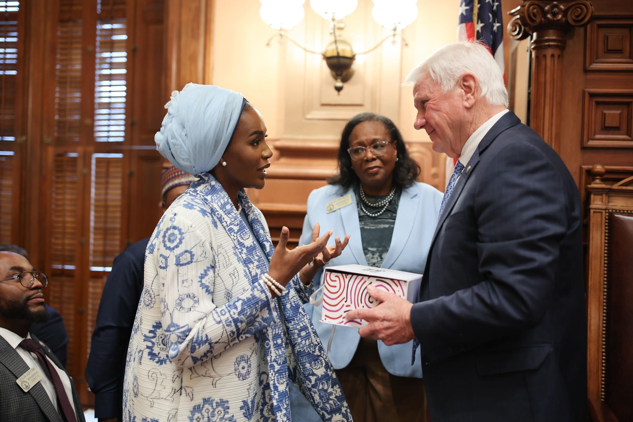 Queen Olori Atuwatse III of Warri, Delta State, Nigeria, is pictured during her visit to the Capitol with House Speaker Jon Burns on March 10, 2025. The queen consort visited to promote her "Elevate Africa" cause. Credit: Georgia House of Representatives