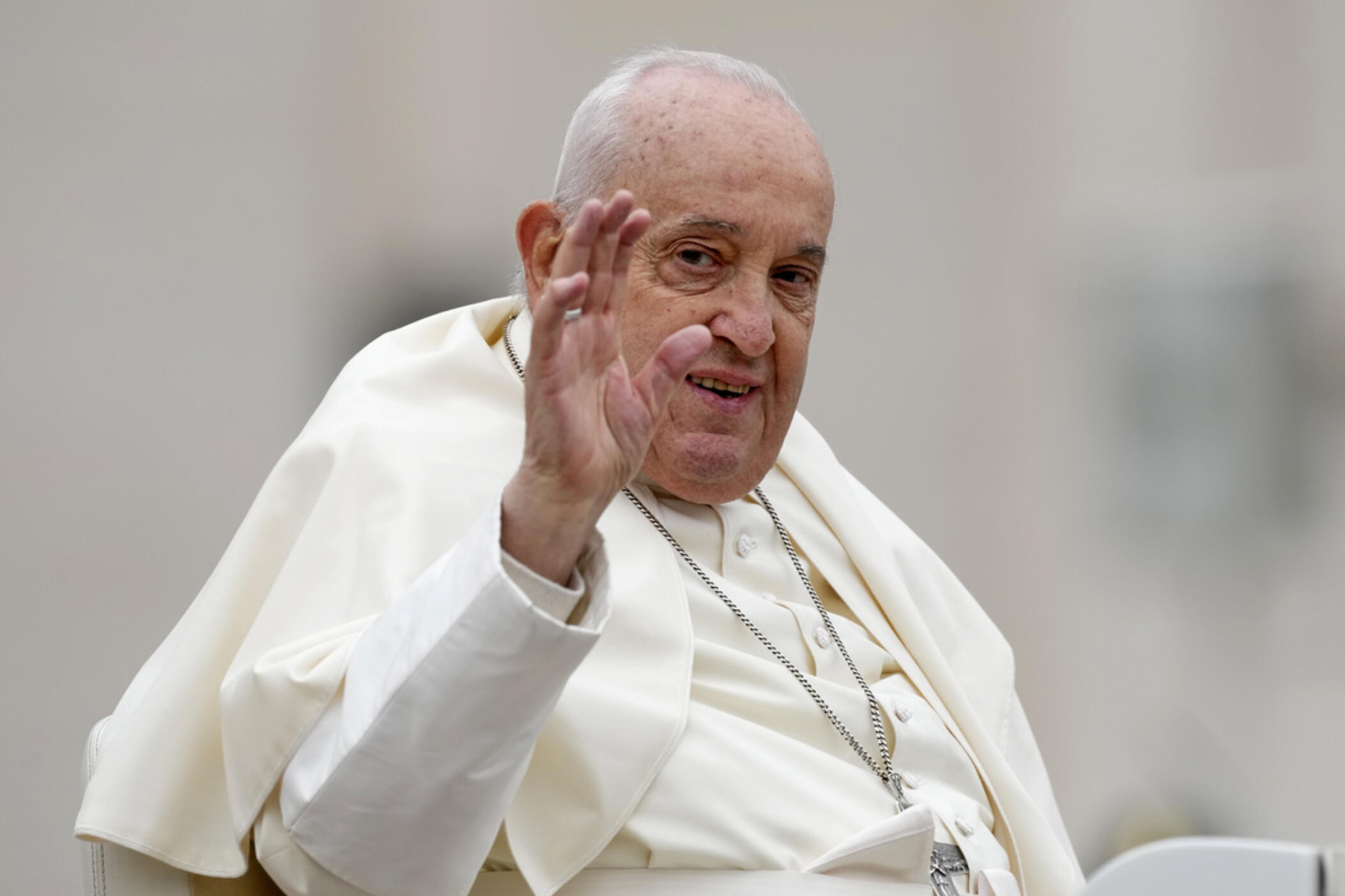 Pope Francis smiles after celebrating Easter mass in St. Peter's Square at the Vatican, Sunday, March 31, 2024. 