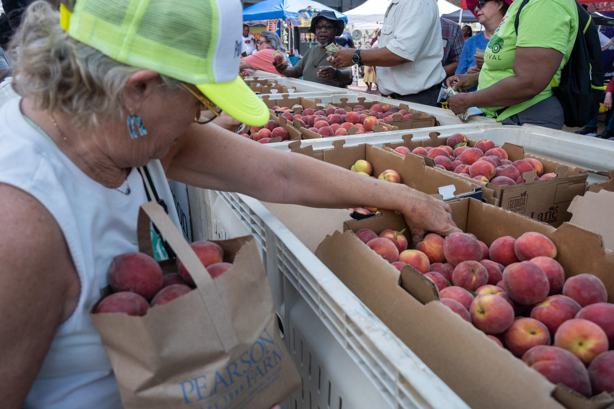 Ray Abney picks out peaches at the Georgia Peach Festival on June 3, 2023 in Fort Valley.