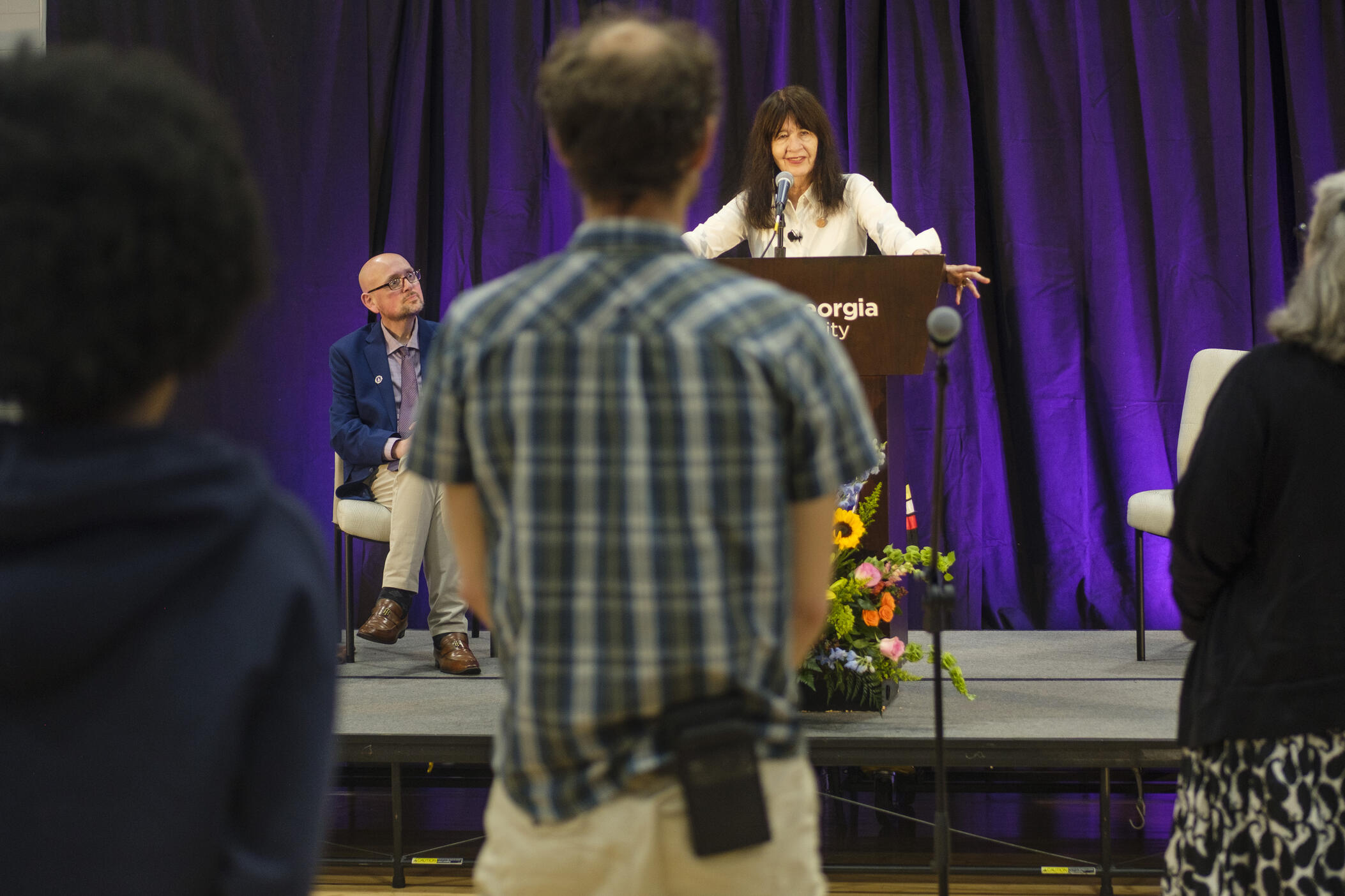 Former US poet laureate Joy Harjo answers questions from the audience after a reading at Middle Georgia State University in Macon recently. The reading was made possible in part by the Georgia Humanities Council. 
