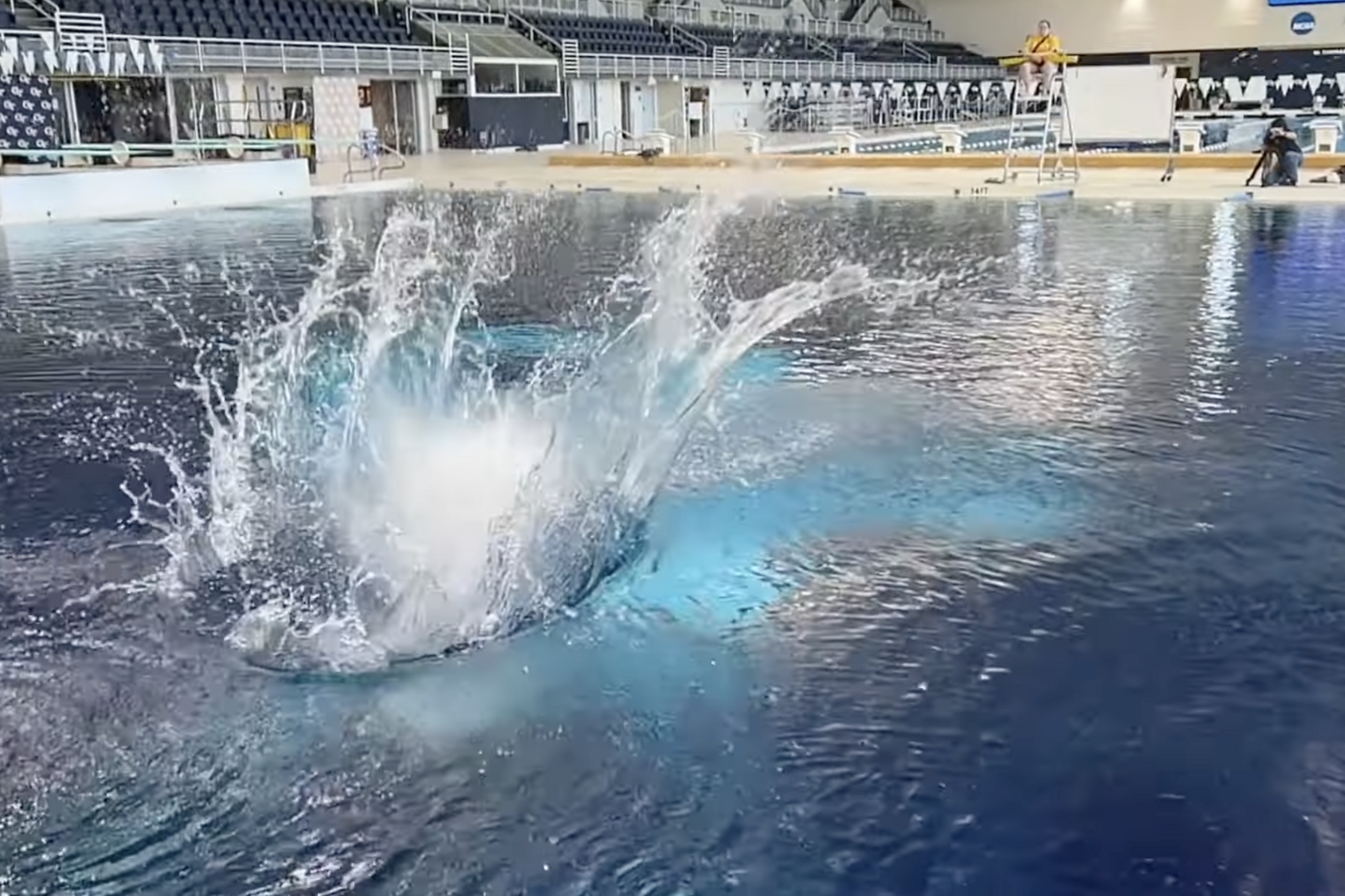 A large splash forms after a diver executes a Manu jump in the Georgia Tech pool. A recent study used principles of a maneuver traced to the Maori people of New Zealand. 