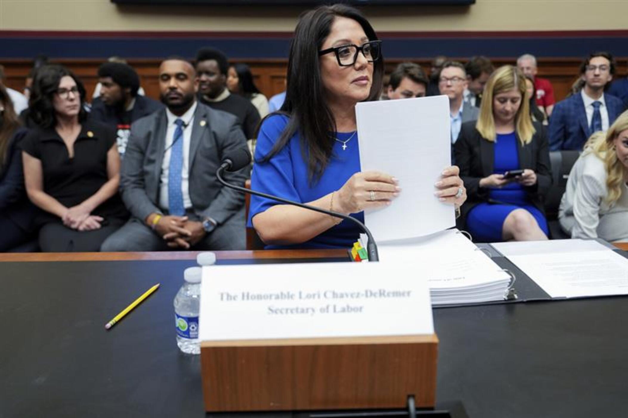 Secretary of Labor Lori Chavez-DeRemer arrives before a House Education and Workforce hearing, Thursday, June 5, 2025, on Capitol Hill in Washington.
