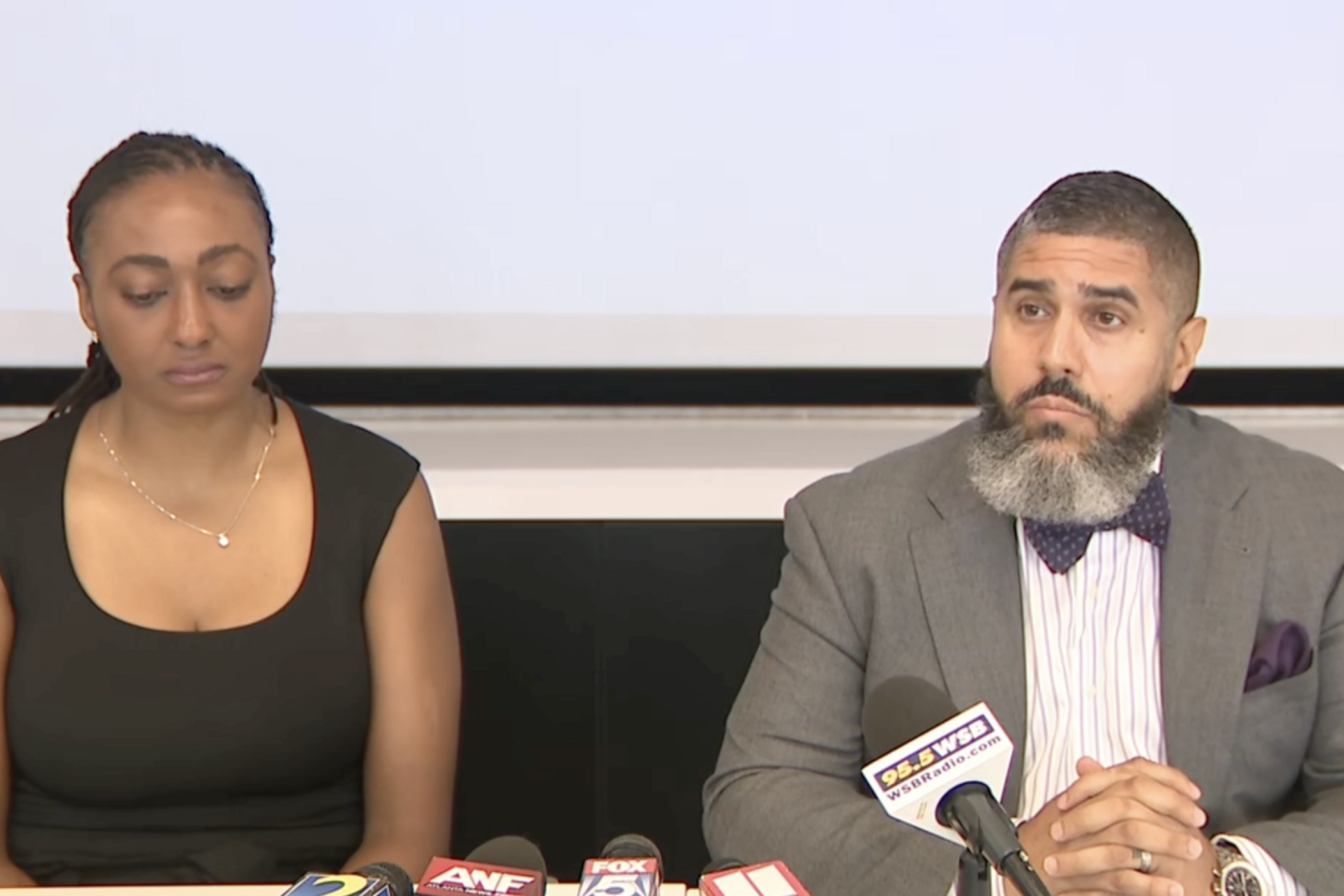 Atlanta sports reporter Tabitha Turner (left), joined by her attorney Miguel Dominguez (right), at a June 25, 2025, press conference to discuss the physical altercation Turner had with an Uber driver. Screenshot