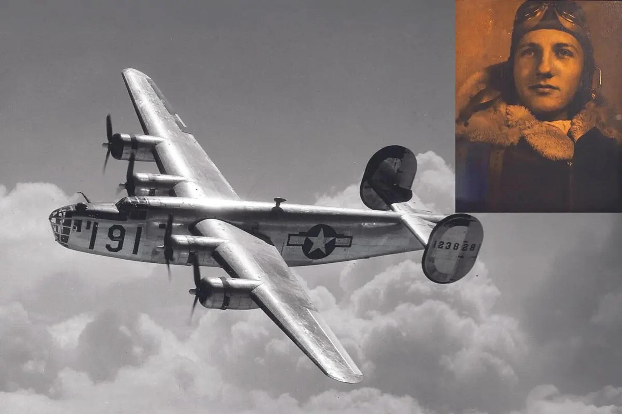 A B-24 Liberator and a portrait of 2Lt. Milton Leonard Hymes Jr. Credit- Mighty Eighth Air Force Museum.webp