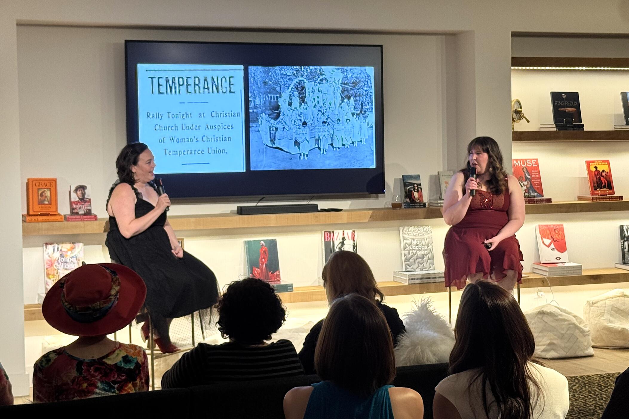 Author Caroline Eubanks (left) and SCAD's Stephanie Ray discuss prohibition-era culture in Georgia on June 24, 2025 at the SCAD FASH Museum in Atlanta.