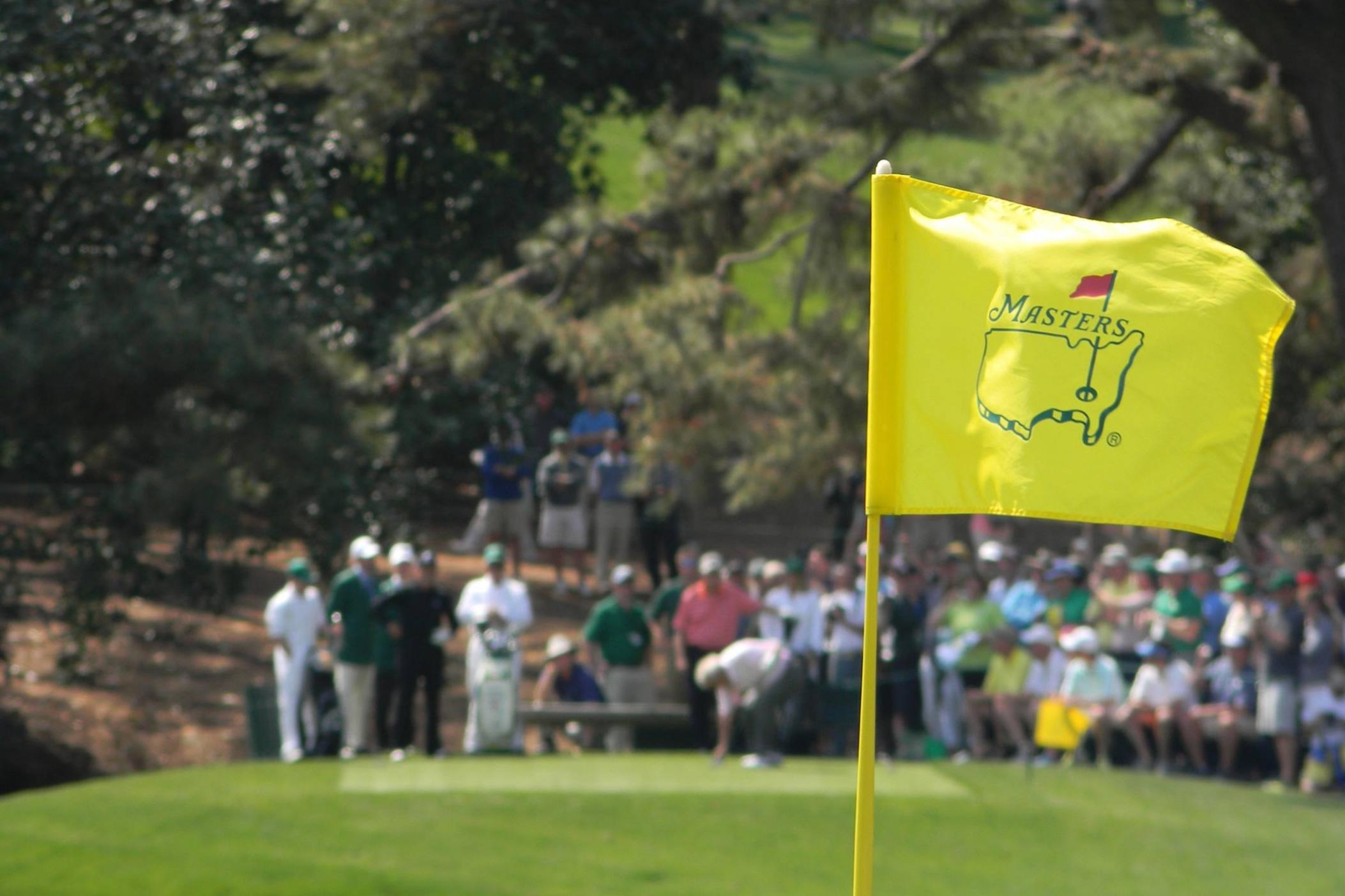 A view of a flag at a hole on Augusta National Golf Course during The Masters Tournament.