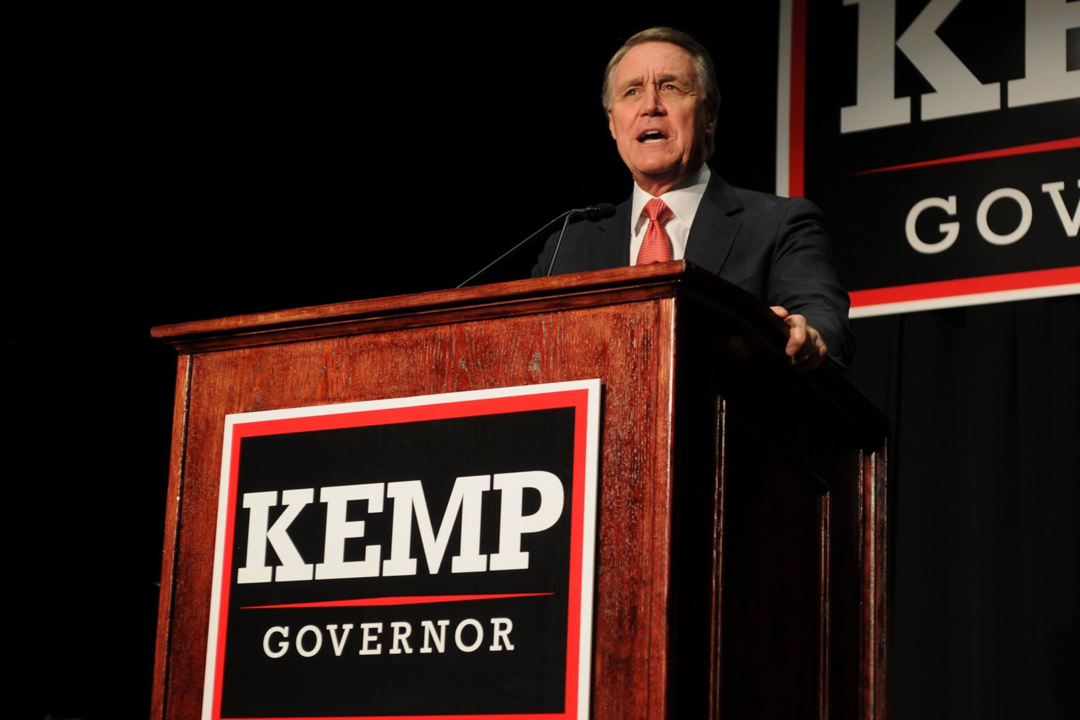 Sen.David Perdue rallies supporters at Brian Kemp's watch party in Athens.