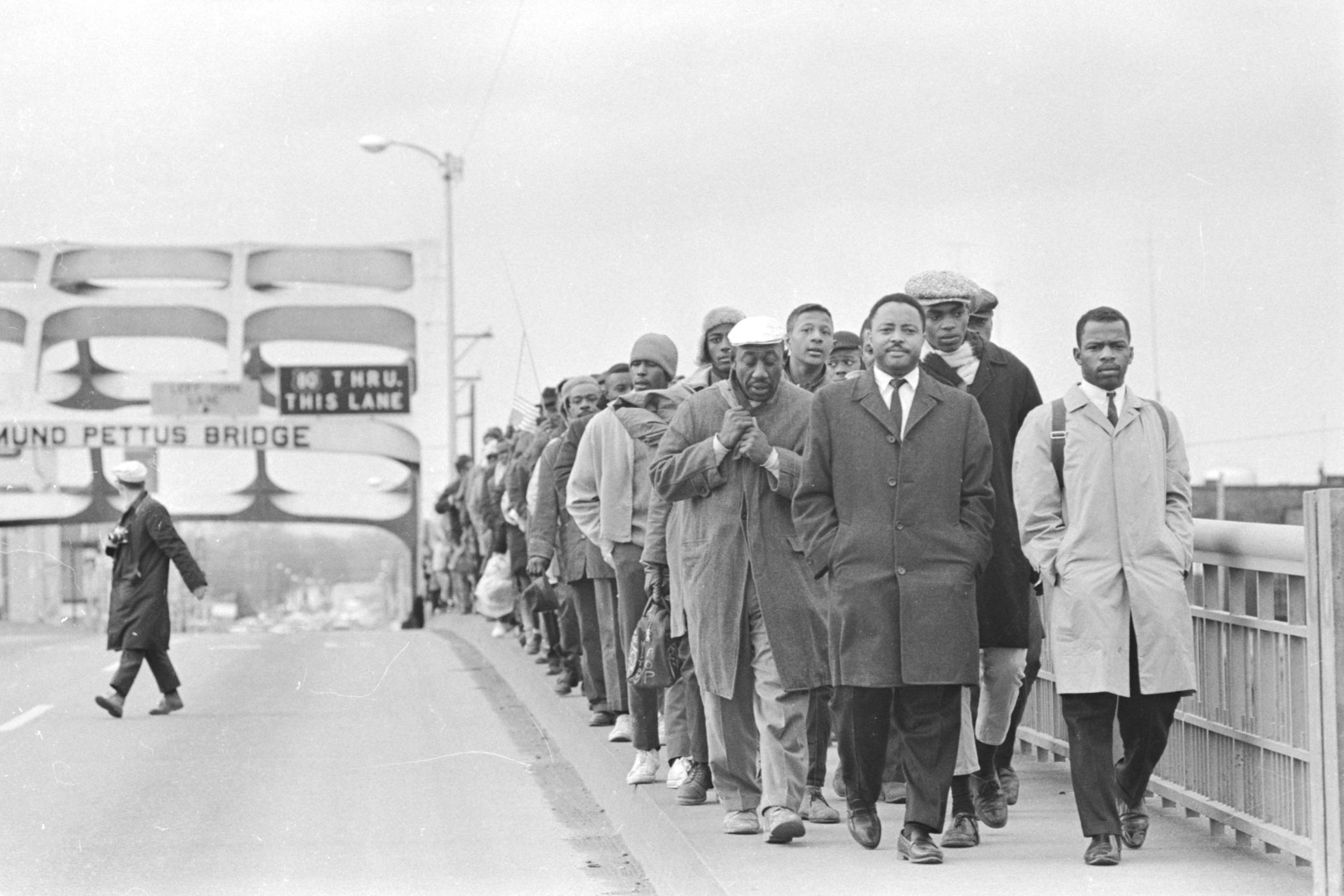 John Lewis with fellow protesters at the Edmund Pettus Bridge in Selma, Alabama, 1965.