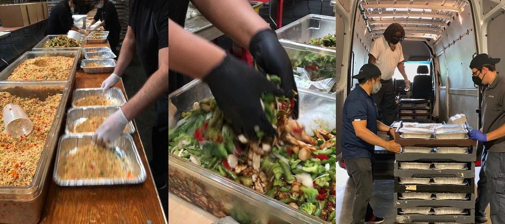 Images depicting one of the Atlanta Community Kitchen Project's partners preparing and packaging meals to be donated and distributed.