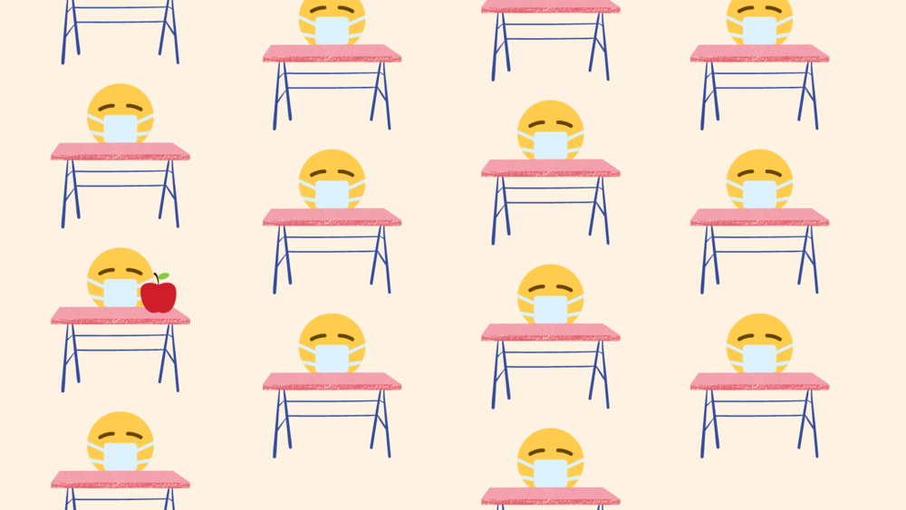 A graphic depicting "emoji" students sitting behind a row of desks.