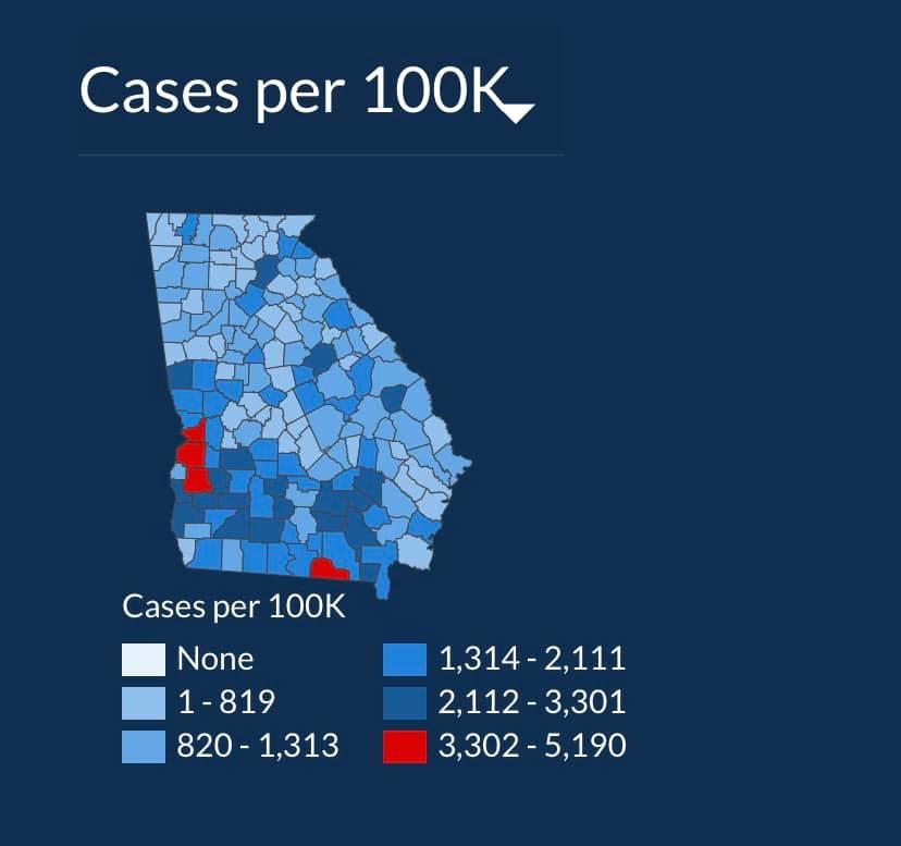 Georgia DPH map of COVID cases as of July 22, 2020