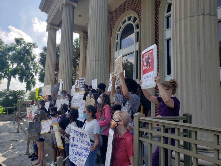 Protesters demanding justice for Ahmaud Arbery and new criminal justice reforms rally on June 4 at the Glynn County Courthouse.
