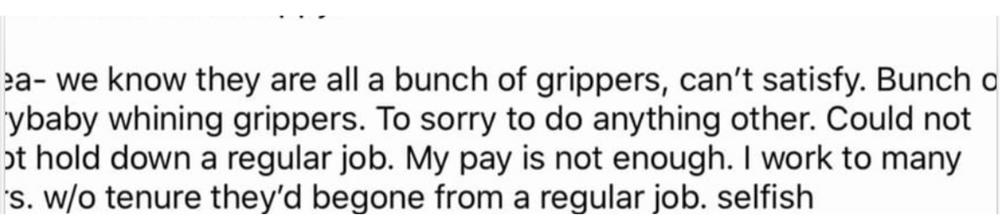 A portion of a screenshot supplied by Tarvin, which he said is a reply written by another person which was later deleted from the comment thread of the post.