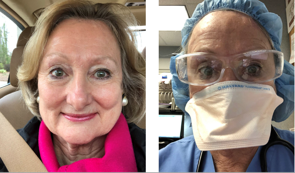 Dr. Patricia Meadors without PPE (left) and in full mask, googles and cap.