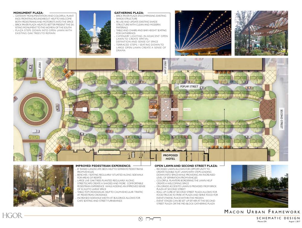The Women of the South monument is represented by the white square in the brick plaza on the left side of the Poplar Street park in this roundabout schematic.