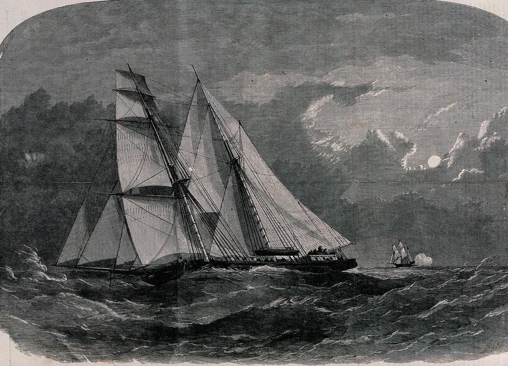 Slave ships on the ocean. Wood engraving by Smyth.