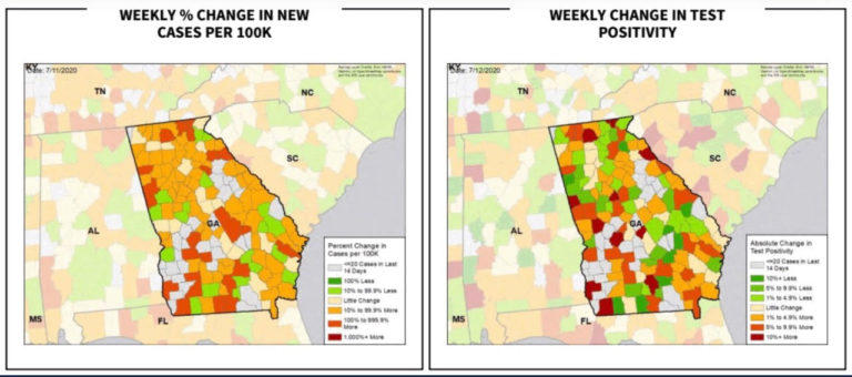 Map of weekly changes in COVID positive rates.