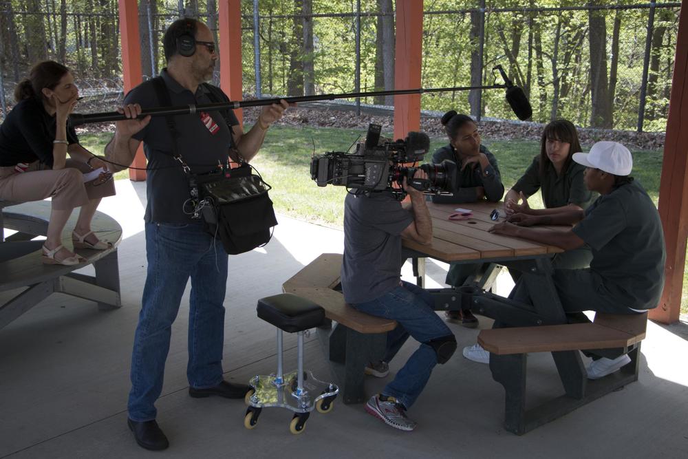 Producer Sarah Botstein and cinematographer Buddy Squires on location at Taconic Correctional Facility.