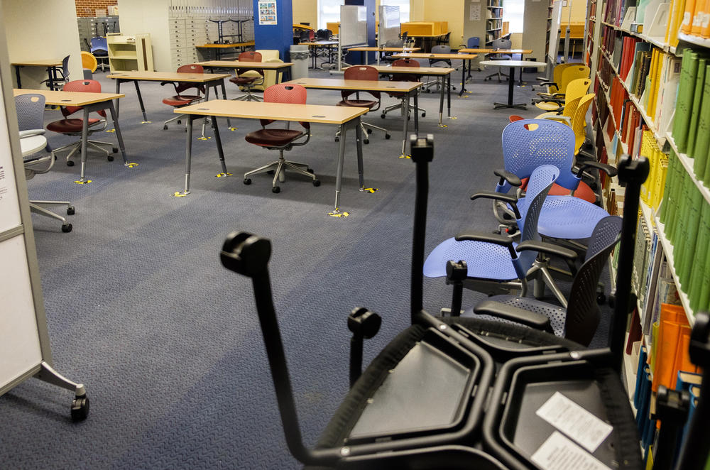 A study area in the Russell Library on the Georgia College and State University campus in Milledgeville, arranged for social distance.