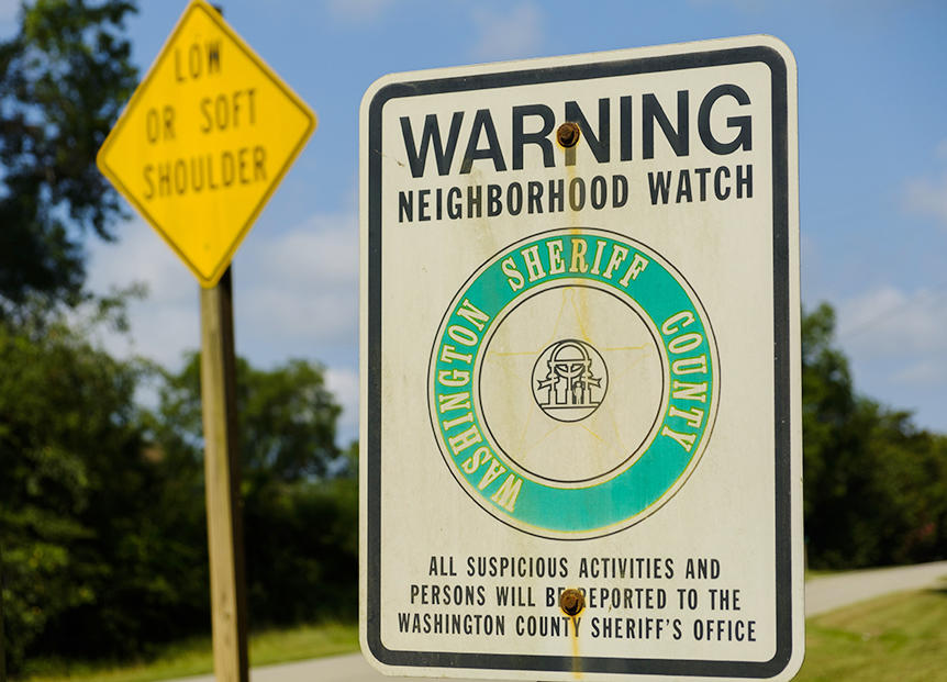 A Neighborhood Watch sign at the limits of the town of Deepstep in Washington County, where Eurie Marting was killed in 2017. 