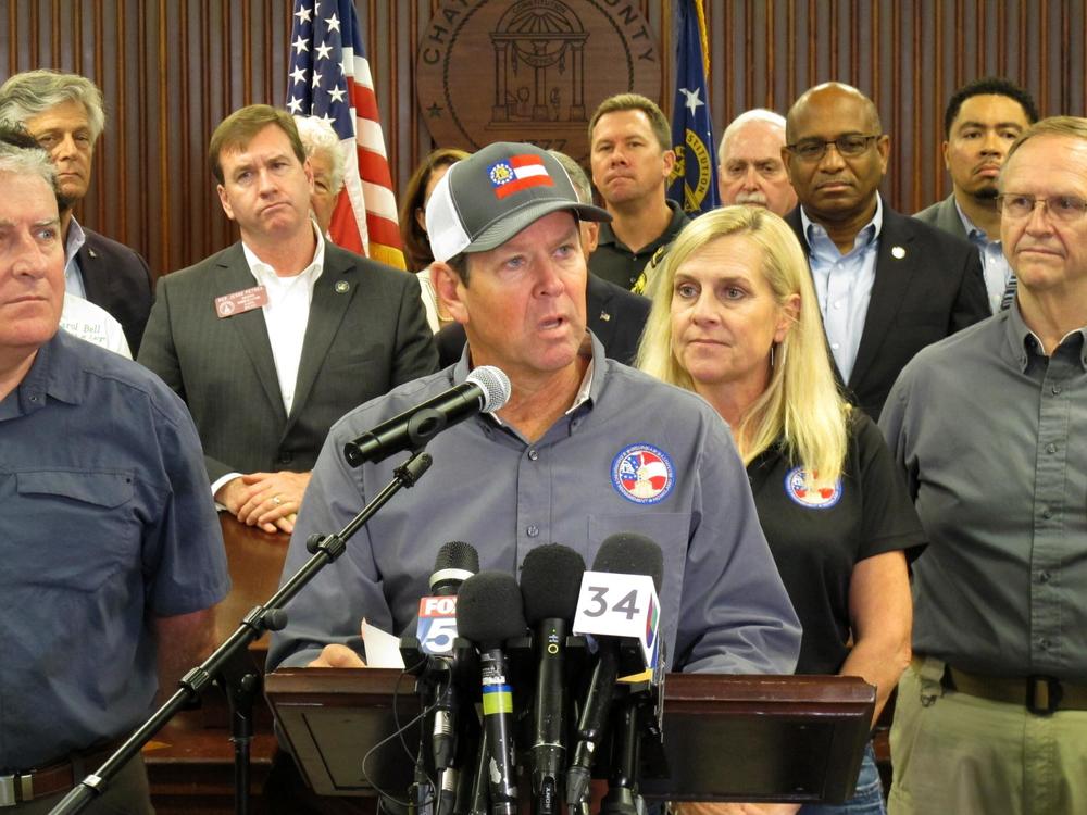 Georgia Gov. Brian Kemp discusses evacuations and emergency plans for Hurricane Dorian during a news conference Monday, Sept. 2, 2019, in Savannah, Ga. Kemp ordered a mandatory evacuation affecting all of Georgia's six coastal counties.