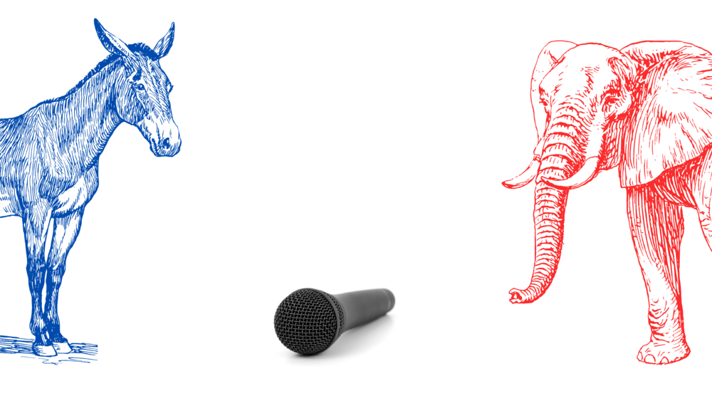 An illustration of a blue donkey and a red elephant with a microphone between them.