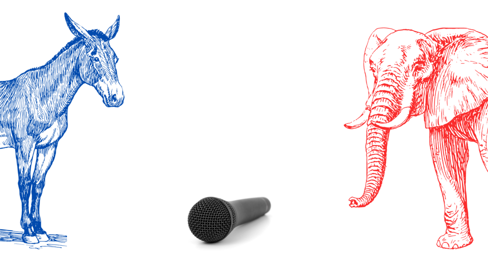 A stylized image of a elephant and a donkey standing near a microphone.