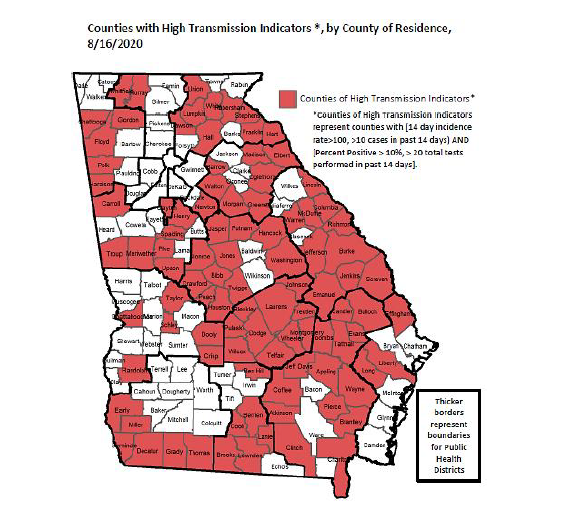 Map of Georgia showing high virus transmission rates