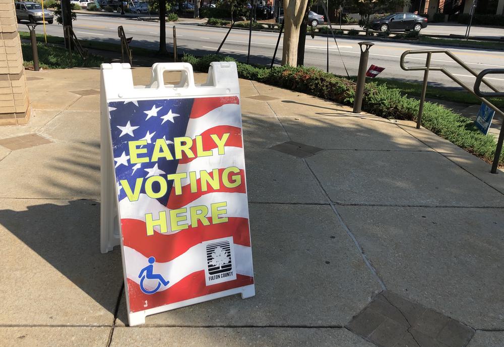 A voting sign outside of a polling location in Atlanta.