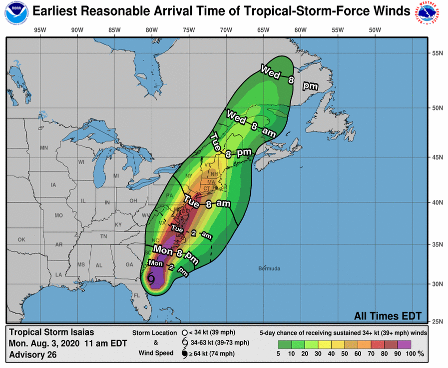 Tropical Storm Isaias wind speed predictions as of 11 a.m. Monday