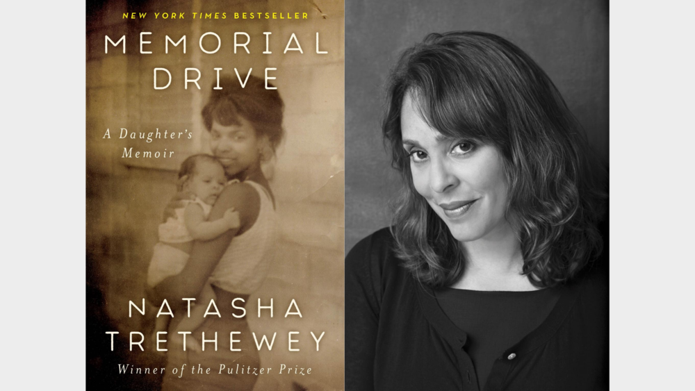 On the left, the cover of Natasha Trethewey's new memoir, "Memorial Drive," is a sepia-toned photo of her young mother holding a baby; on the right, a black-and-white photo of Natasha Trethewey.