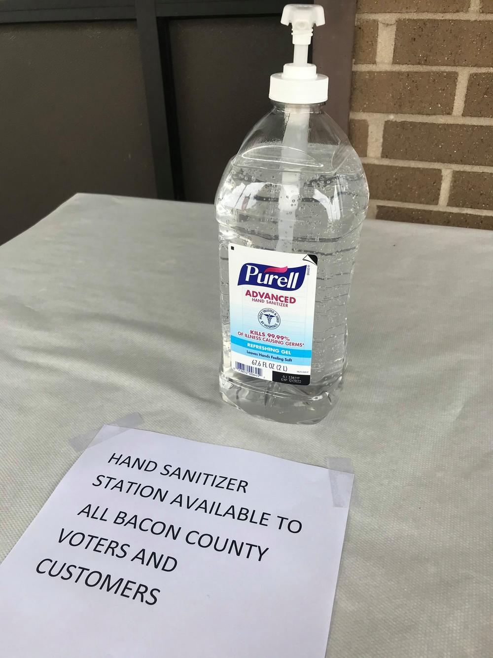 The Bacon County Elections Office has hand sanitizer for voters and visitors because of the COVID-19 pandemic.