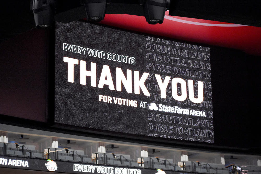 A sign thanks voters for voting at State Farm Arena in Atlanta.