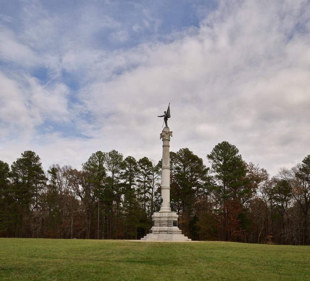 The Georgia Monument at the Chickamauga portion of the Chickamauga & Chattanooga National Military Park features an obelisk with a Confederate soldier at its top.